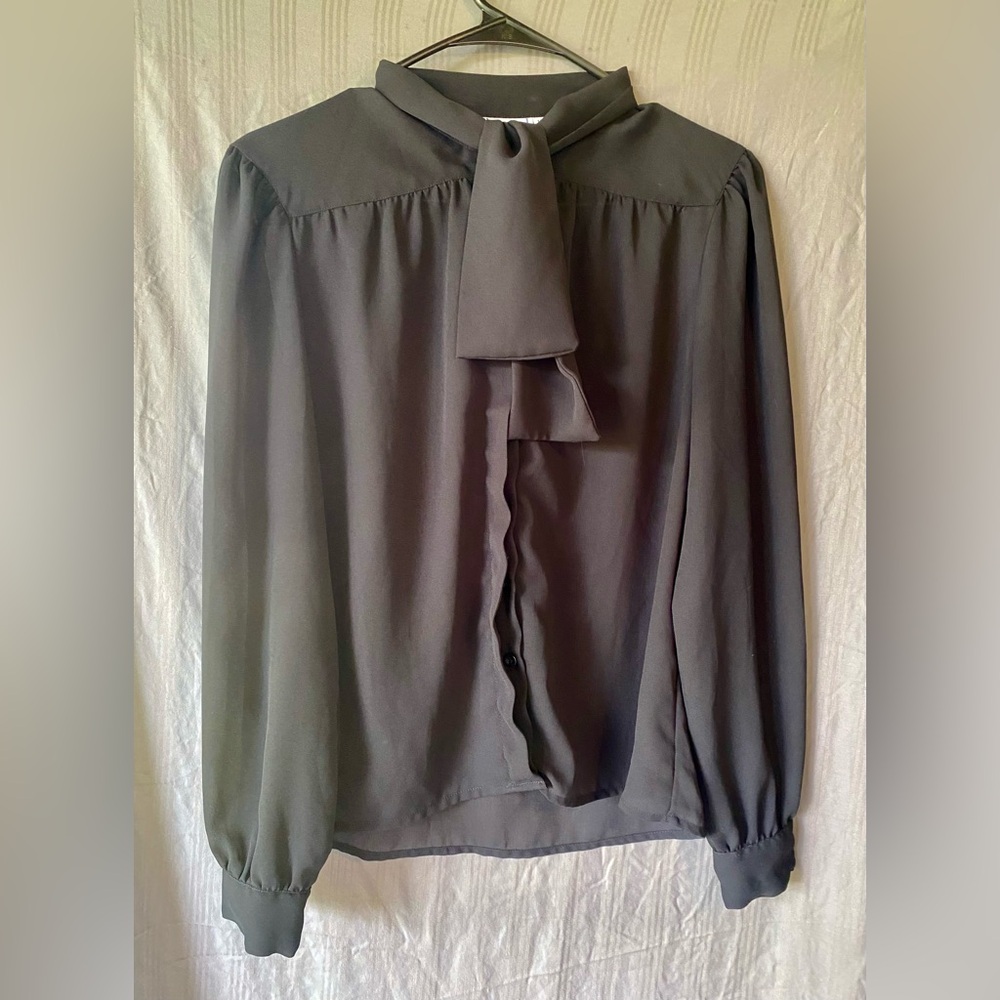 Vtg Personal Petites Black Long Sleeve Collar Tie Neck Chiffon Blouse Size 12P